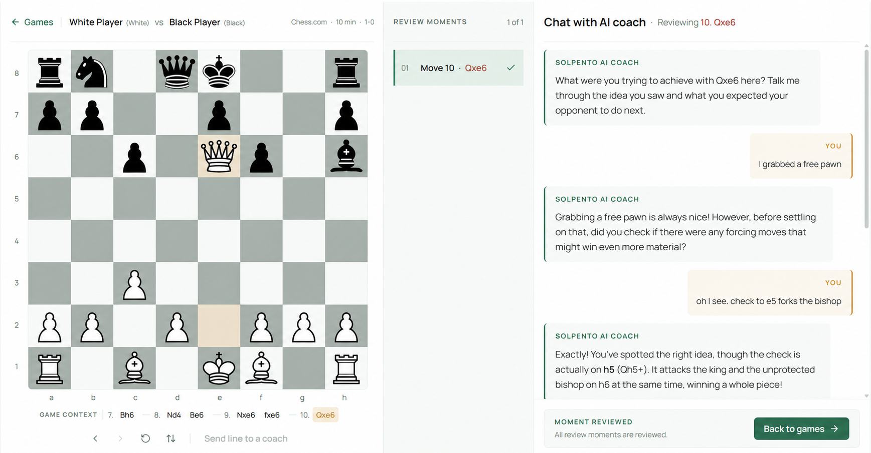 A Solpento review with the player's chess position beside a guided conversation about the idea behind their move